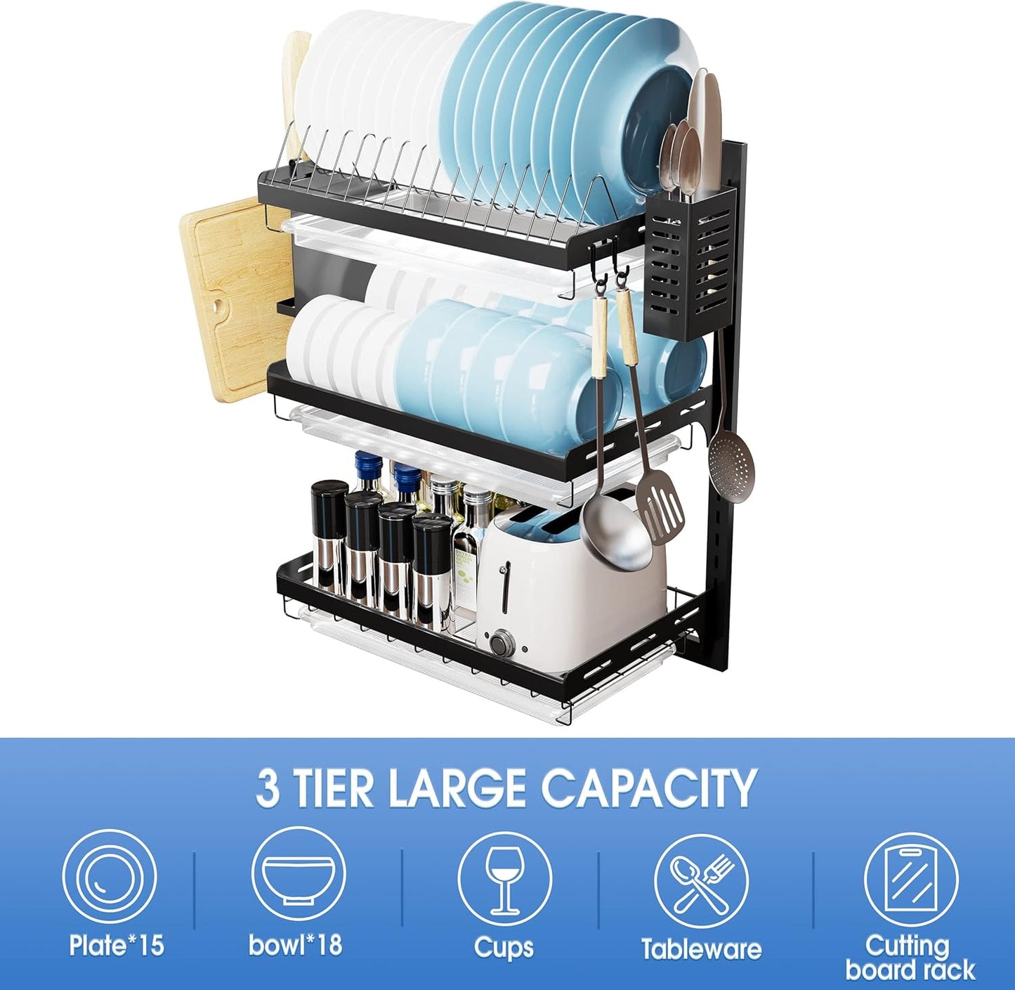 Dish Drying Rack, Over The Wall Mounted Dish Drying Rack, Stainless Steel Dish Rack, Large Storage Drying Rack for Kitchen, Dish Drainer with Utensil Holder-2 Tier