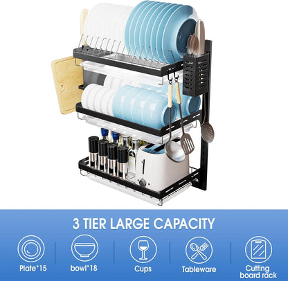 Dish Drying Rack, Over The Wall Mounted Dish Drying Rack, Stainless Steel Dish Rack, Large Storage Drying Rack for Kitchen, Dish Drainer with Utensil Holder-2 Tier