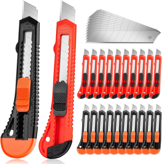 3 Pack Utility Knife Box Cutter Retractable, Compact Box Knife for Cartons, Cardboard and Boxes, with 10 Piece 18mm Wider Snap-off Blade Razor Sharp Blade, Perfect for Office and Home Use