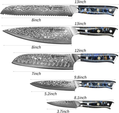 Steak Knives Set of 4, Ultra Sharp Non Serrated Kitchen Steak Knife 5 Inch - Damascus Steel & Resin Handle - Xuan Series (Sapphire Blue)