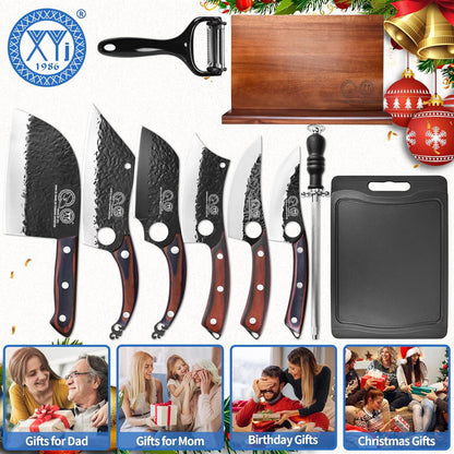 XYJ Authentic Since 1986,Knife Block Set,Kitchen Knife Set with Magnetic Knife Block,Cutting Board,Sharpening Stick,Meat Cleaver Slicing Knives,High Carbon Steel Blades,Full Tang,Wood Handle