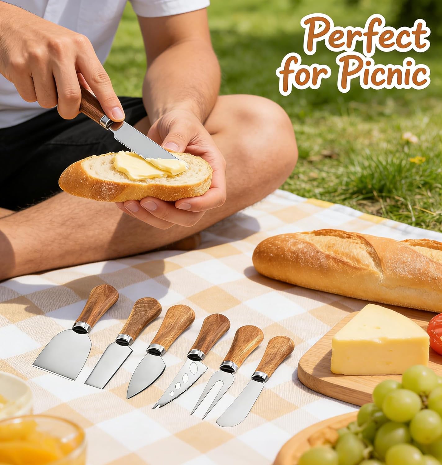 6 Piece Cheese Knives Set with Wooden Handle, Stainless Steel Mini Cheese Knives for Charcuterie & Cheese Spread, Ideal for Cheese Slicing and Butter Cutting (Acacia)