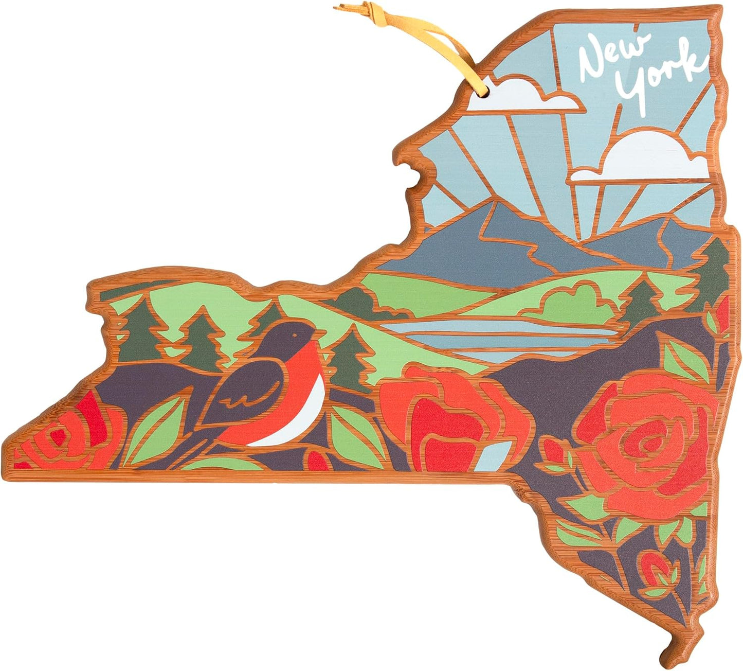 Totally Bamboo North Carolina State Shaped Cutting Board and Charcuterie Serving Platter with Artwork by Summer Stokes, Includes Hang Tie for Wall Display 18" x 8" x 5/8" - Colors A