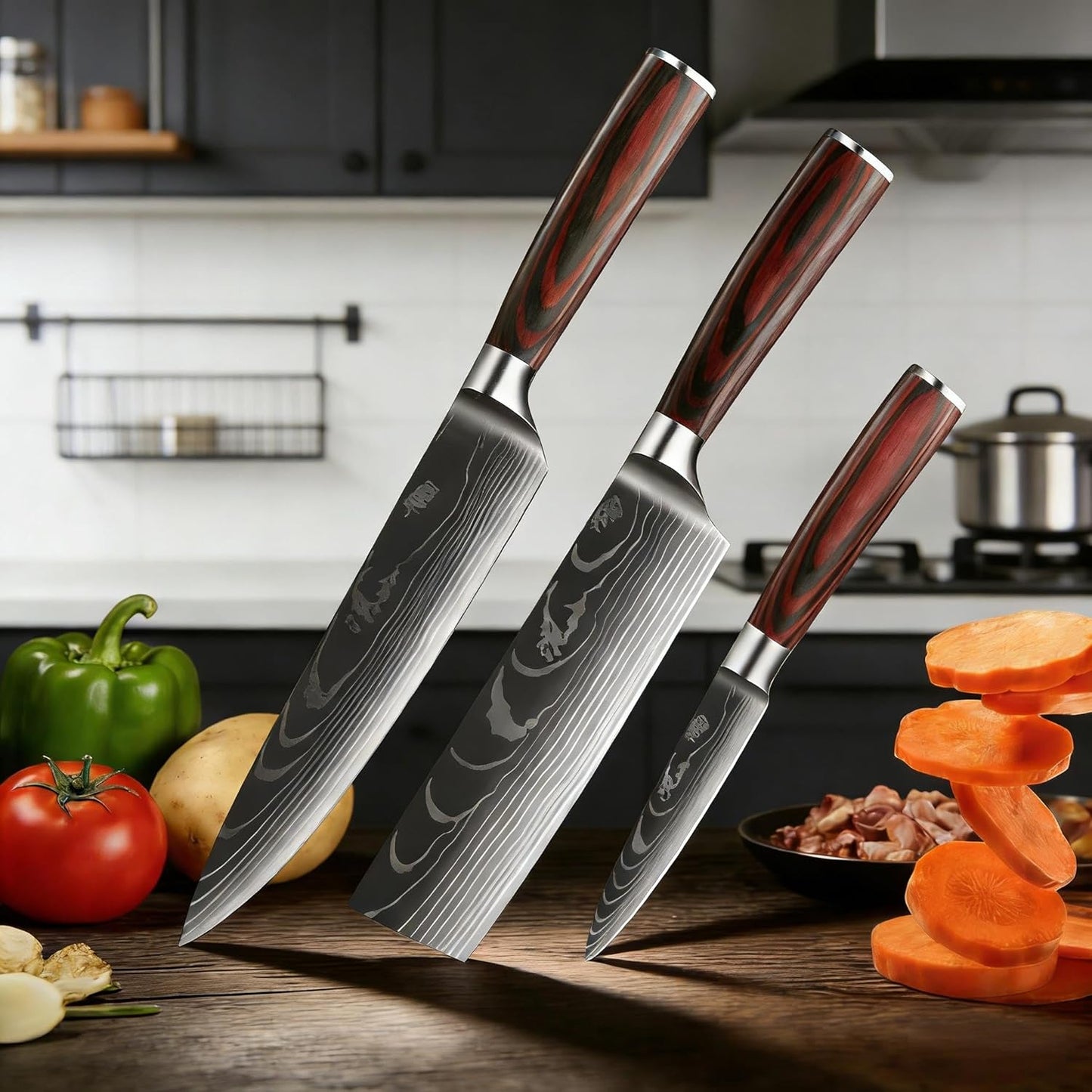 3 Pieces Knife Set, High Carbon Stainless Steel Professional Kitchen Knife Set, Ultra Sharp Chef Knives Sets with Ergonomic Wooden Handle