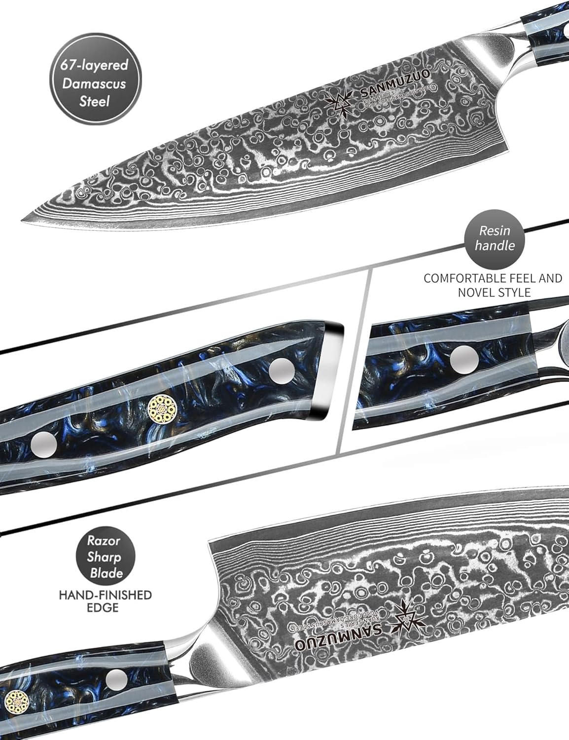Chef Knife - 8 inch - Xuan Series - VG10 Damascus Steel Kitchen Knife - Resin Handle (Sapphire Blue)