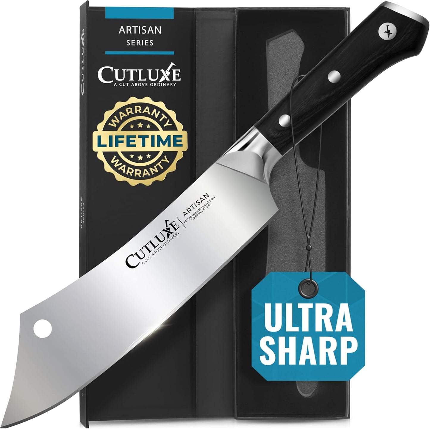 Cutluxe Meat Cleaver Knife - 7" Heavy Cleaver Butcher Knife, Razor Sharp German Steel Blade, Full Tang, Ergonomic Handle Design – Artisan Series