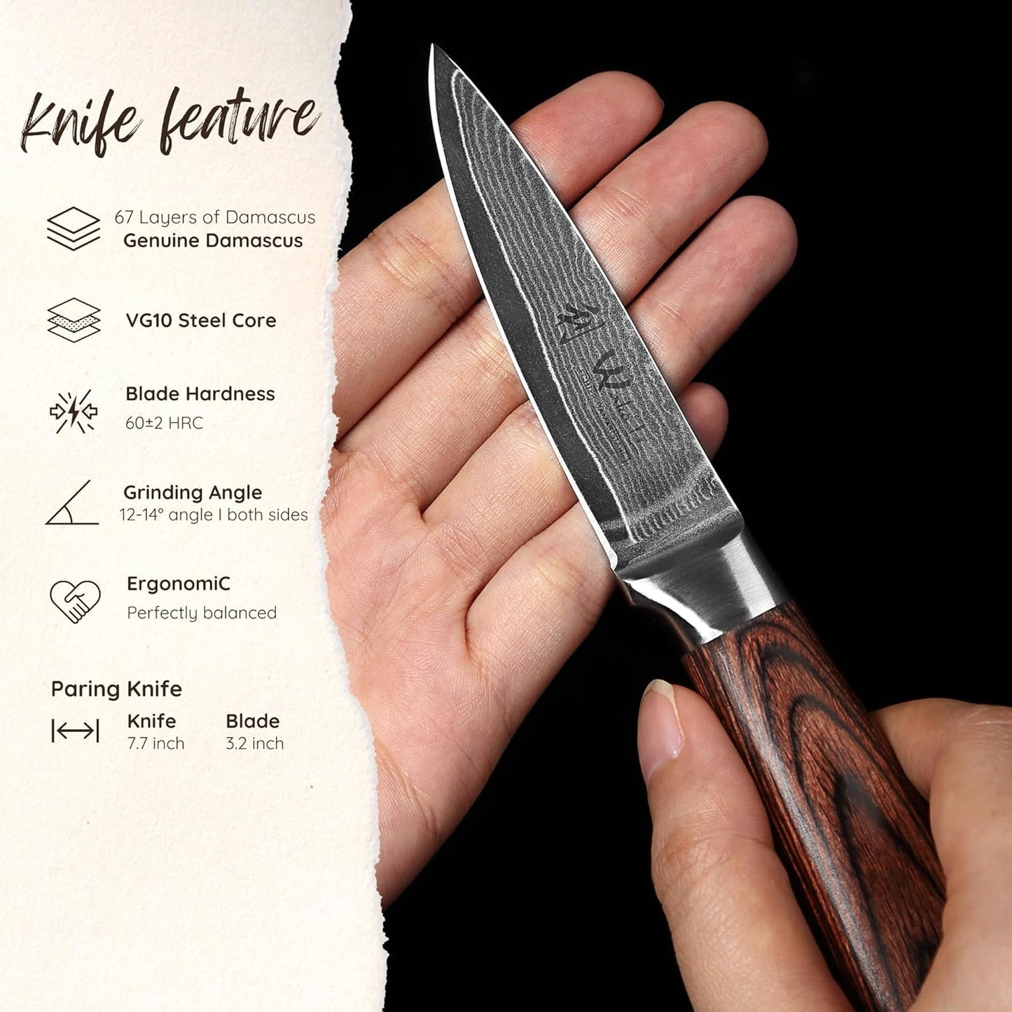 Wakoli EDIB Damascus Meat Knife – 7-Inch Japanese-Style Kitchen Knife for Meat, BBQ, and Roasts, 67-Layer Damascus Steel Blade with VG10 Core, Ergonomic Pakkawood Handle – Carving Knife in Gift Box