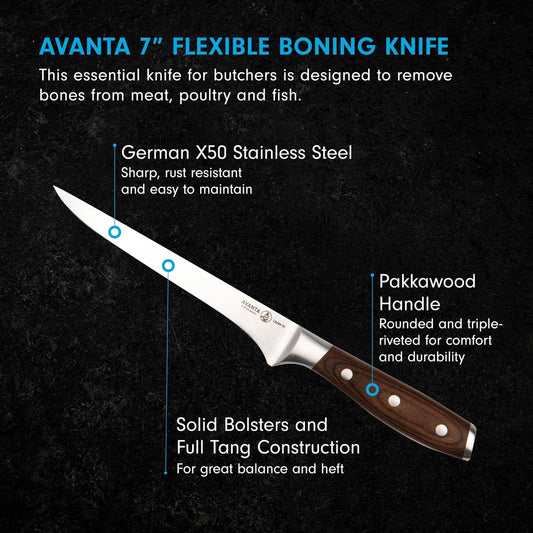 Messermeister Avanta Forged 7” Flexible Boning Knife - German X50 Stainless Steel - Rust Resistant & Easy to Maintain
