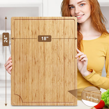 Extra Large Bamboo Wood Cutting Board, 24 x 18 Inch Kitchen Wooden Chopping Board with Juice Groove, Reversible Butcher Block Cutting Board for Meat, Turkey Carving