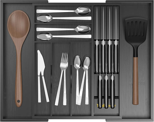 Bamboo Kitchen Drawer Organizer, Expandable Silverware Organizer with Removable Knife Block, 6-8 Slots- Utensil Holder & Cutlery Tray Drawer Dividers, 2.36" Deep for Extra Capacity, Natural