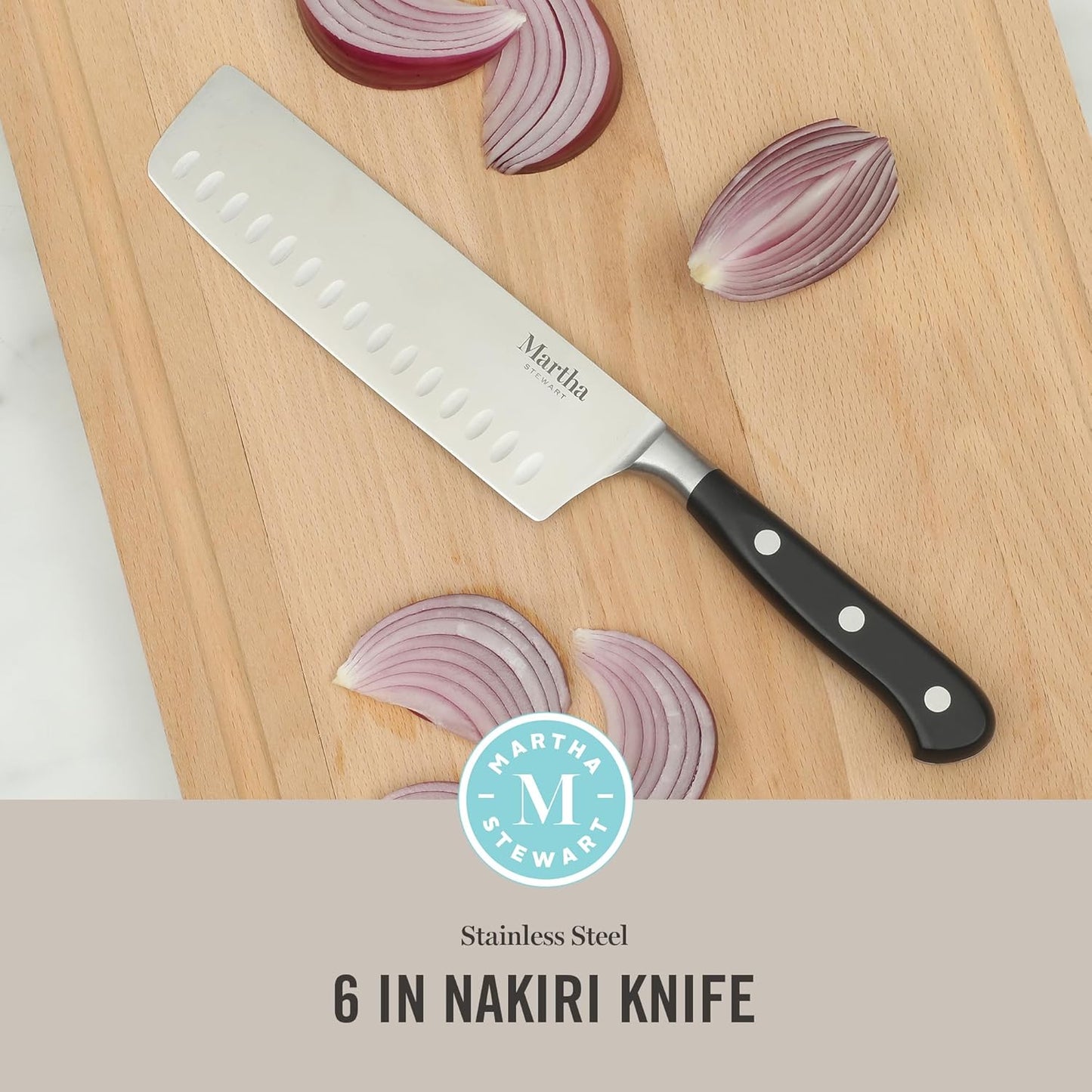 Martha Stewart Carverton 10" Hollow Edge Slicer Knife, High Carbon Stainless Steel Kitchen Knives w/Black Triple Riveted Handle