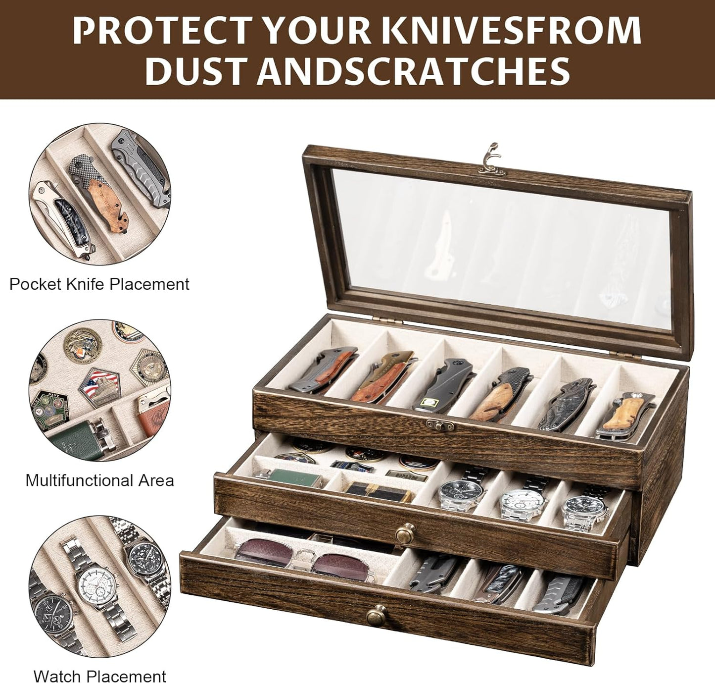 Knife Display Case, 3-Layer Pocket Knife Case Display & Storage Knives, Solid Wood Knife Case for Collections, Gift for Boyfriend Fathers Day Birthday Gifts(Black)
