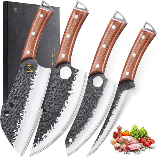 KITNATS 9PCS Butcher Knife Set with Roll Bag, Hand Forged Kitchen Knife Set with Meat Cleaver, Boning Knife & Chef Knife for BBQ, Meat Processing, Camping, Outdoor Cooking, Gift for Men