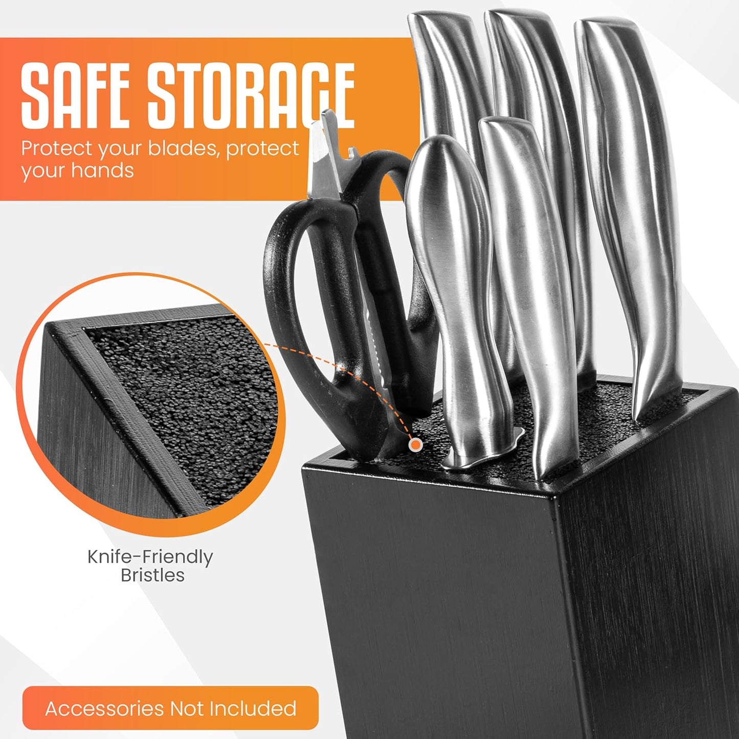 Acacia Wood Angled Knife Block with Multi-Purpose Holder – Universal Kitchen Knife Storage with Removable Bristle Insert (Honey brown, regular medium)