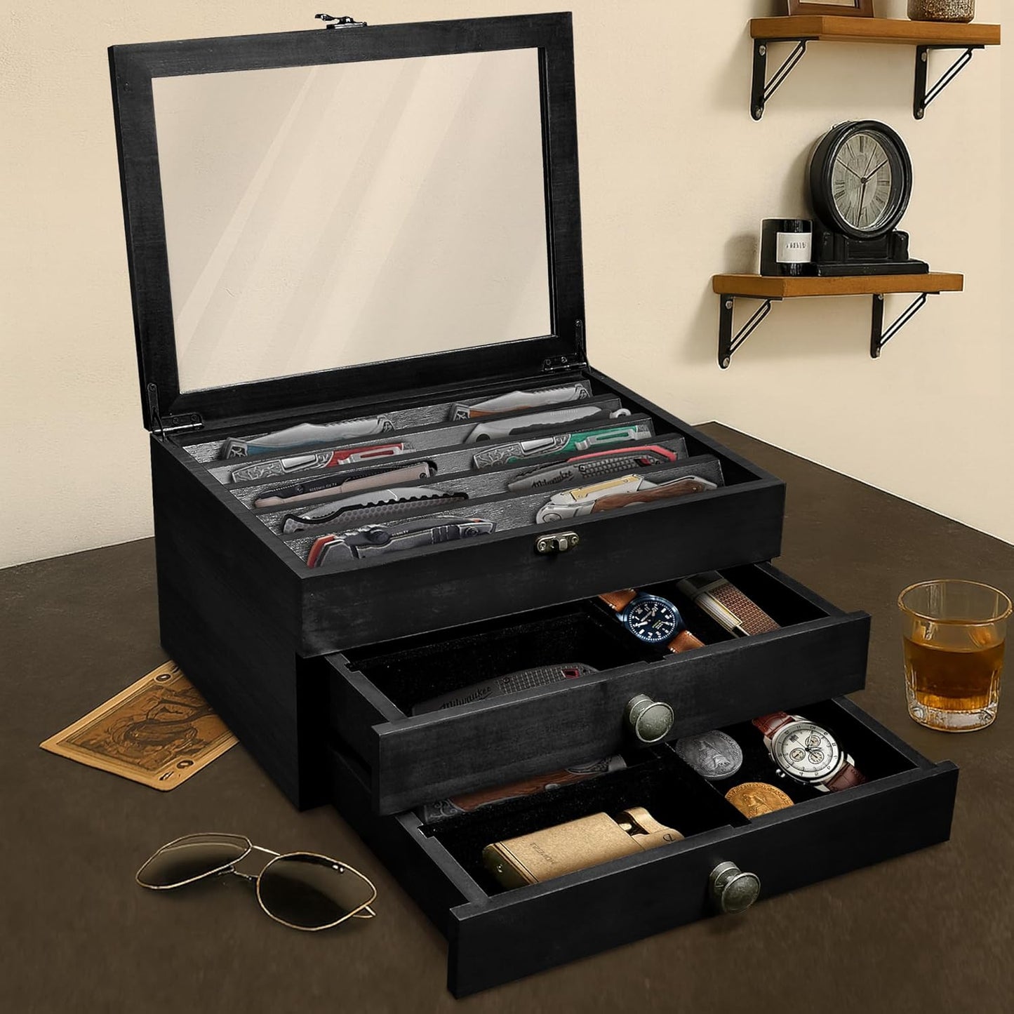 Knife Display Case,2 Layer Pocket Knife Display Case Wood, Knife Collection Display Case with Drawers, Pocket Knife Organizer for Gifts, Black