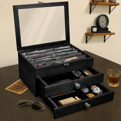 Knife Display Case,2 Layer Pocket Knife Display Case Wood, Knife Collection Display Case with Drawers, Pocket Knife Organizer for Gifts, Black