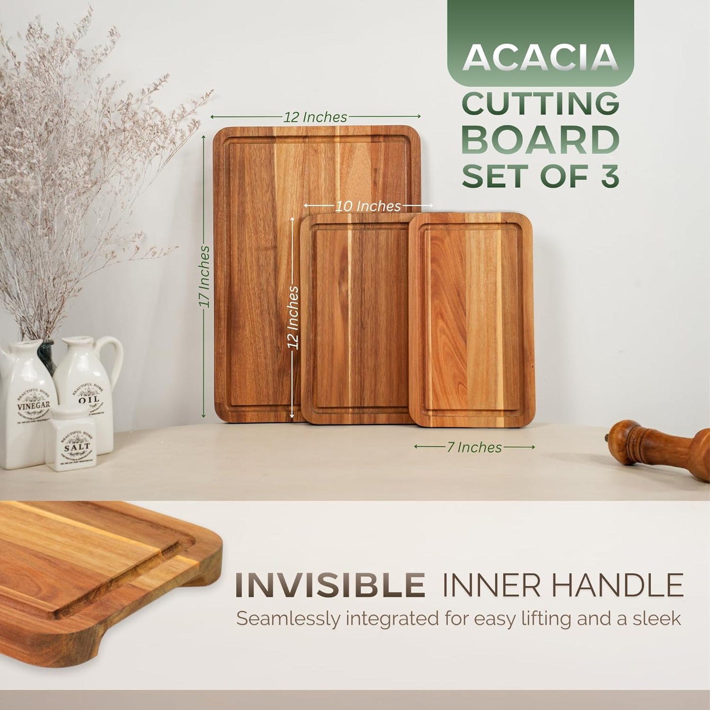Howizz Acacia Wood Large Cutting Board, Thick End Grain Solid Wood Butcher Block For Kitchen, Non Toxic Pre-Oiled Carving Tray w/Juice Grooves and Easy Grip Handle, 20"x15"x1" (Gift-Ready Box)