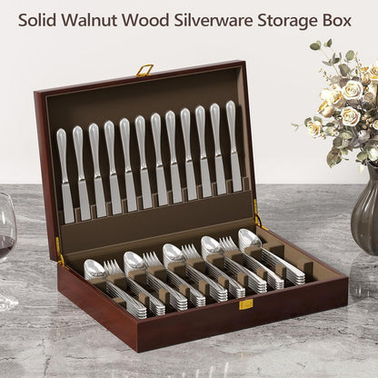 Solid Walnut Silverware Storage Box, 2-Layer Silverware Chest with Drawer, Flatware Case with Lid and Felt Lined, Wood Flatware Storage Box Holds 12-16 Sets of Utensils, Wedding Housewarming Gifts