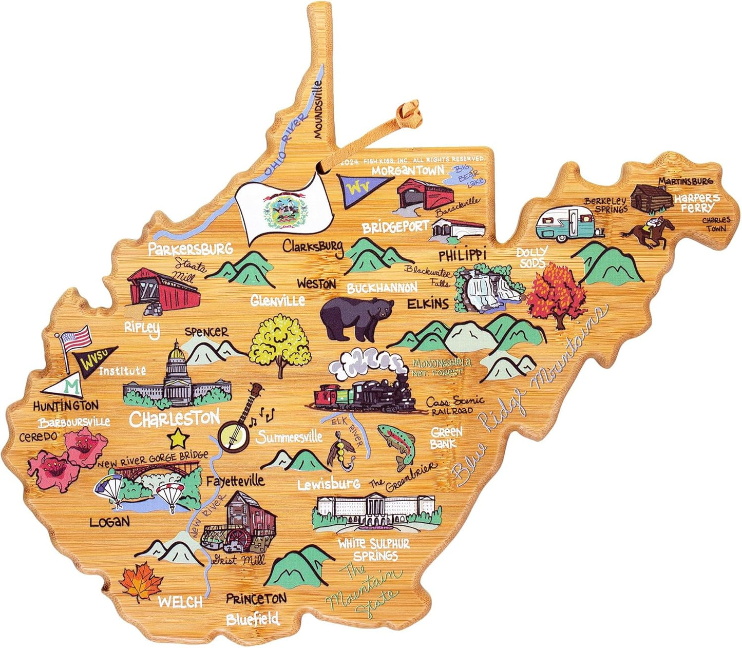 Totally Bamboo Tennessee State Shaped Cutting Board and Charcuterie Serving Platter with Artwork by Fish Kiss, Includes Hang Tie for Wall Display - Colors B