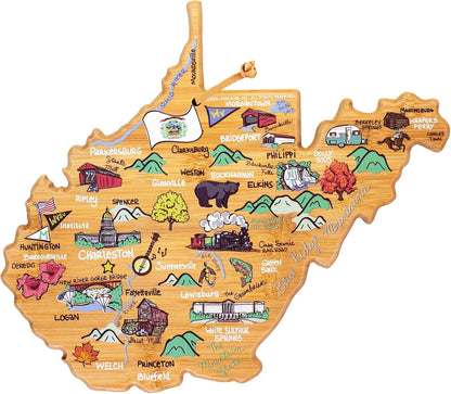 Totally Bamboo Tennessee State Shaped Cutting Board and Charcuterie Serving Platter with Artwork by Fish Kiss, Includes Hang Tie for Wall Display - Colors B