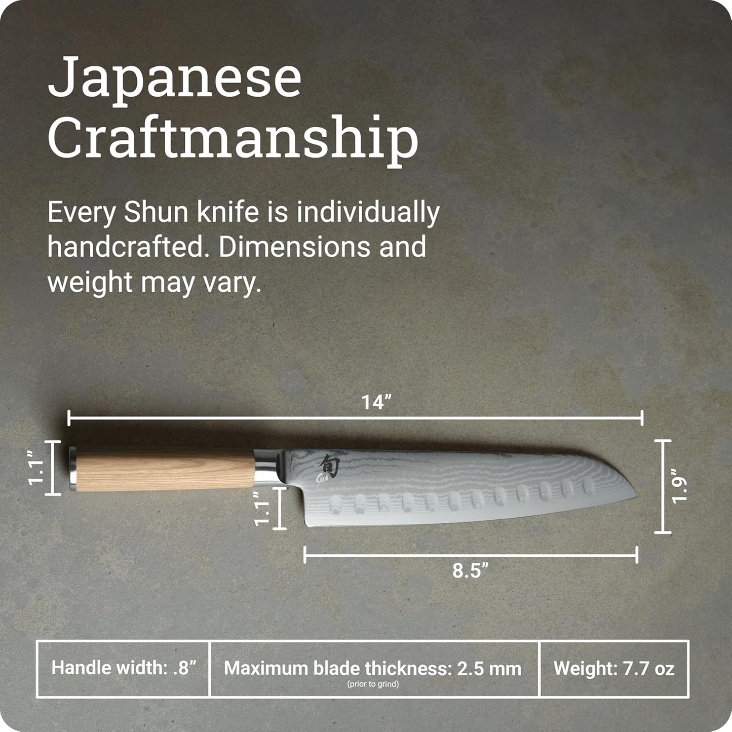 Shun Classic Blonde 8.5" Hollow Ground Santoku Knife, Handcrafted Japanese Cutting Knife, VG-MAX Core with Damascus Stainless Steel Cladding, Pakkawood Handle