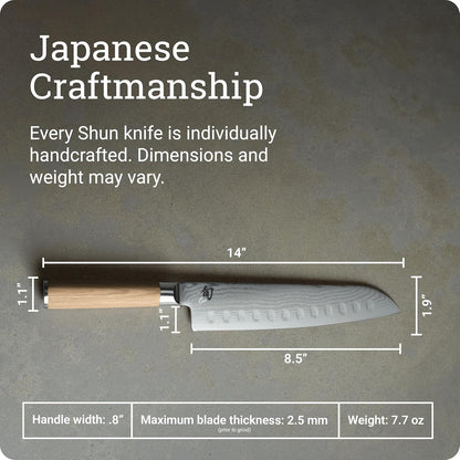 Shun Classic Blonde 8.5" Hollow Ground Santoku Knife, Handcrafted Japanese Cutting Knife, VG-MAX Core with Damascus Stainless Steel Cladding, Pakkawood Handle