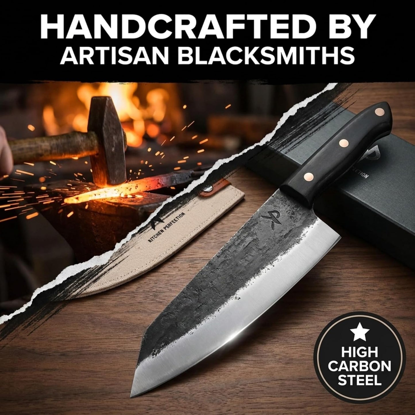 Kitchen perfection Handmade Chefs Carving Knife For Meat Cutting- Extremely Sharp Cooking Knife 8 Inch -Hand Sharpen Best Gift For Men - High Carbon Steel w/Leather Sheath