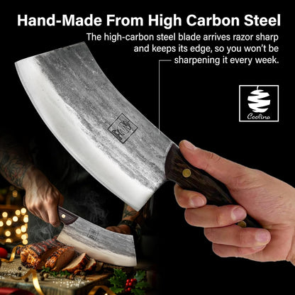 COOLINA Daozi 8" Butcher Knife, Hand-Forged High-Carbon Steel Cleaver for Heavy-Duty Meat Cutting, Slicing, Chopping, Brisket & BBQ, Full-Tang Forged Blade with Ergonomic Wood Handle