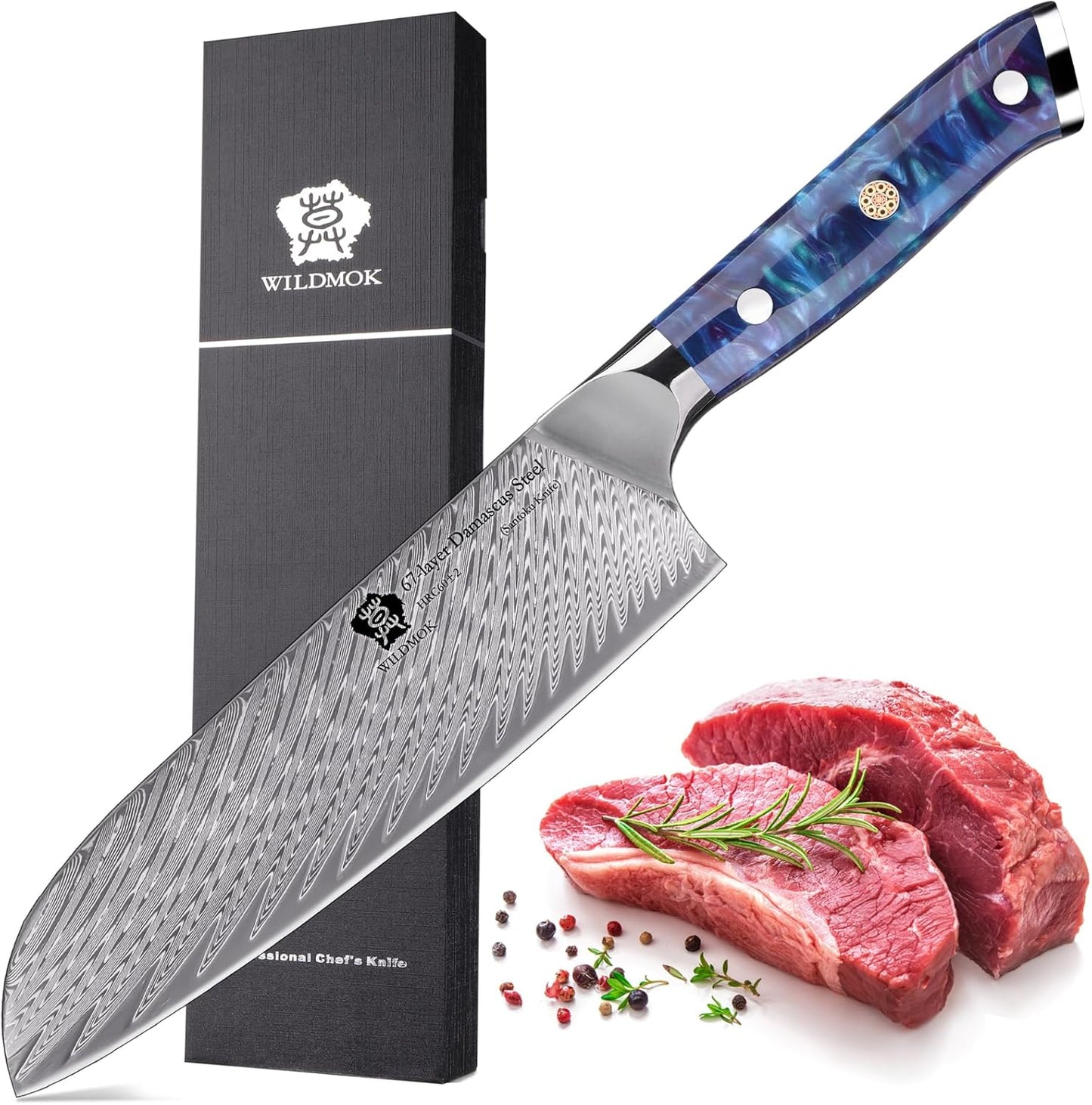 WILDMOK Santoku Knife 7 Inch kitchen knife, Ultra Sharp with Japanese Damascus Forged Santoku Knife, Ergonomic Resin Handle, cooking gifts with gift box