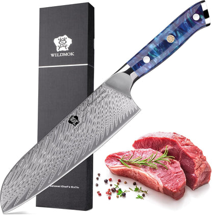 WILDMOK Santoku Knife 7 Inch kitchen knife, Ultra Sharp with Japanese Damascus Forged Santoku Knife, Ergonomic Resin Handle, cooking gifts with gift box
