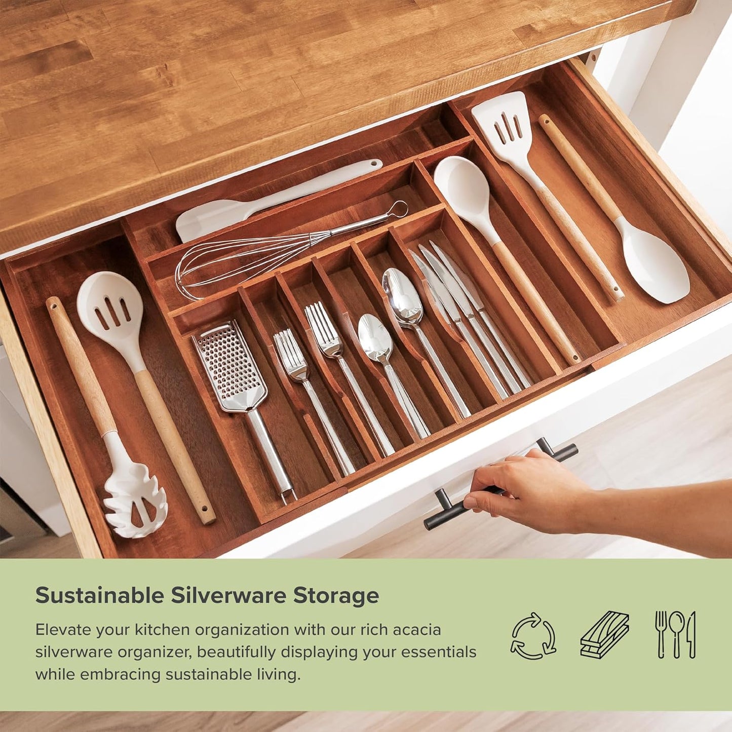 KitchenEdge Premium Silverware, Flatware and Utensil Organizer for Kitchen Drawers, Food-Safe Contract Grade, Expandable from 18 to 33 In, Natural Bamboo