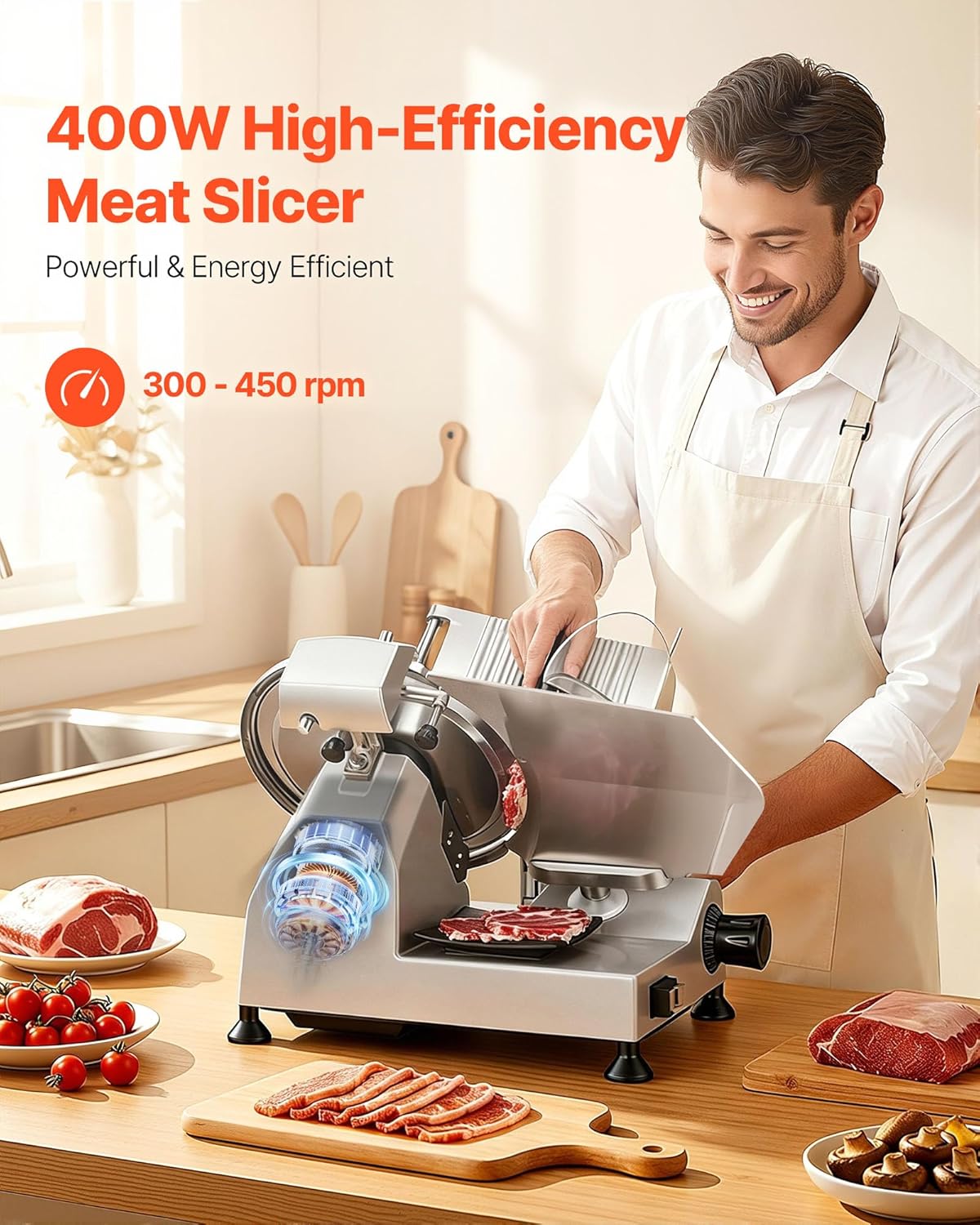 VEVOR Fully Automatic Meat Slicer, 180W + 370W Commercial Food-Slicer with 10" Carbon Steel Blade, Built-In Sharpener & 0-0.3" Adjustable Thickness for Frozen Meat, Ham, Baguett, Steak