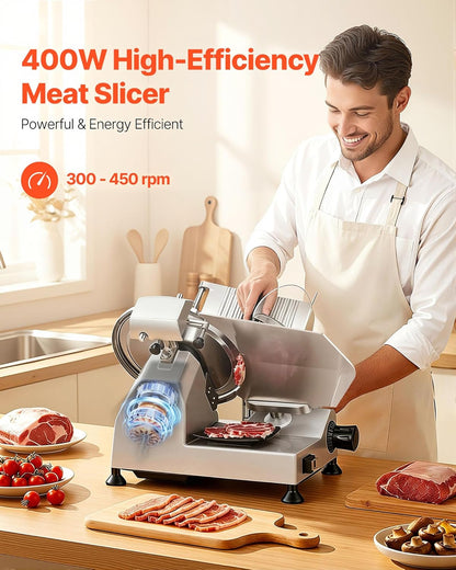 VEVOR Fully Automatic Meat Slicer, 180W + 370W Commercial Food-Slicer with 10" Carbon Steel Blade, Built-In Sharpener & 0-0.3" Adjustable Thickness for Frozen Meat, Ham, Baguett, Steak