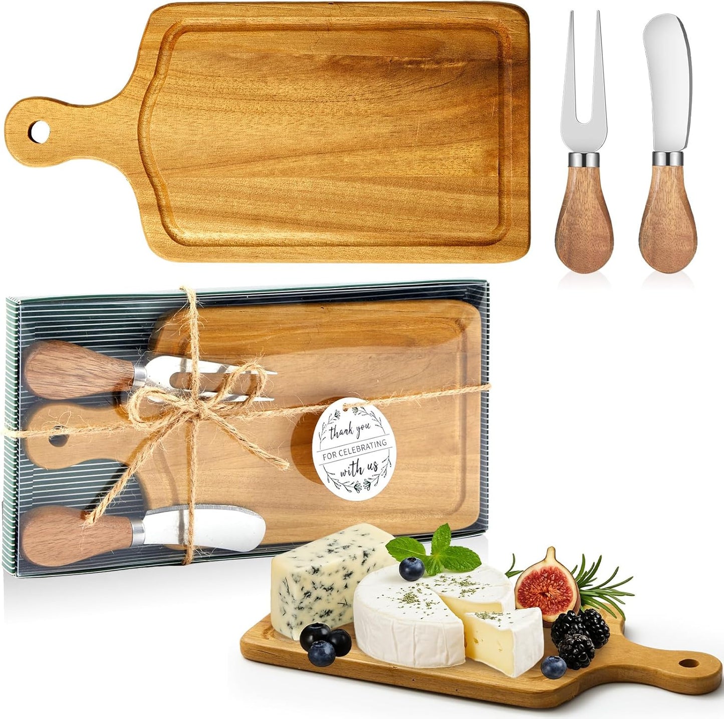 1 Set Bridal Baby Shower Cheese Prizes Wooden Square Board Gift Set Knives Forks Thank You Tags with Box for Guests for Valentines Bridal Baby Shower Housewarming Gifts (Bamboo Color)
