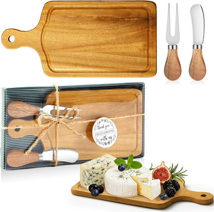 1 Set Bridal Baby Shower Cheese Prizes Wooden Square Board Gift Set Knives Forks Thank You Tags with Box for Guests for Valentines Bridal Baby Shower Housewarming Gifts (Bamboo Color)