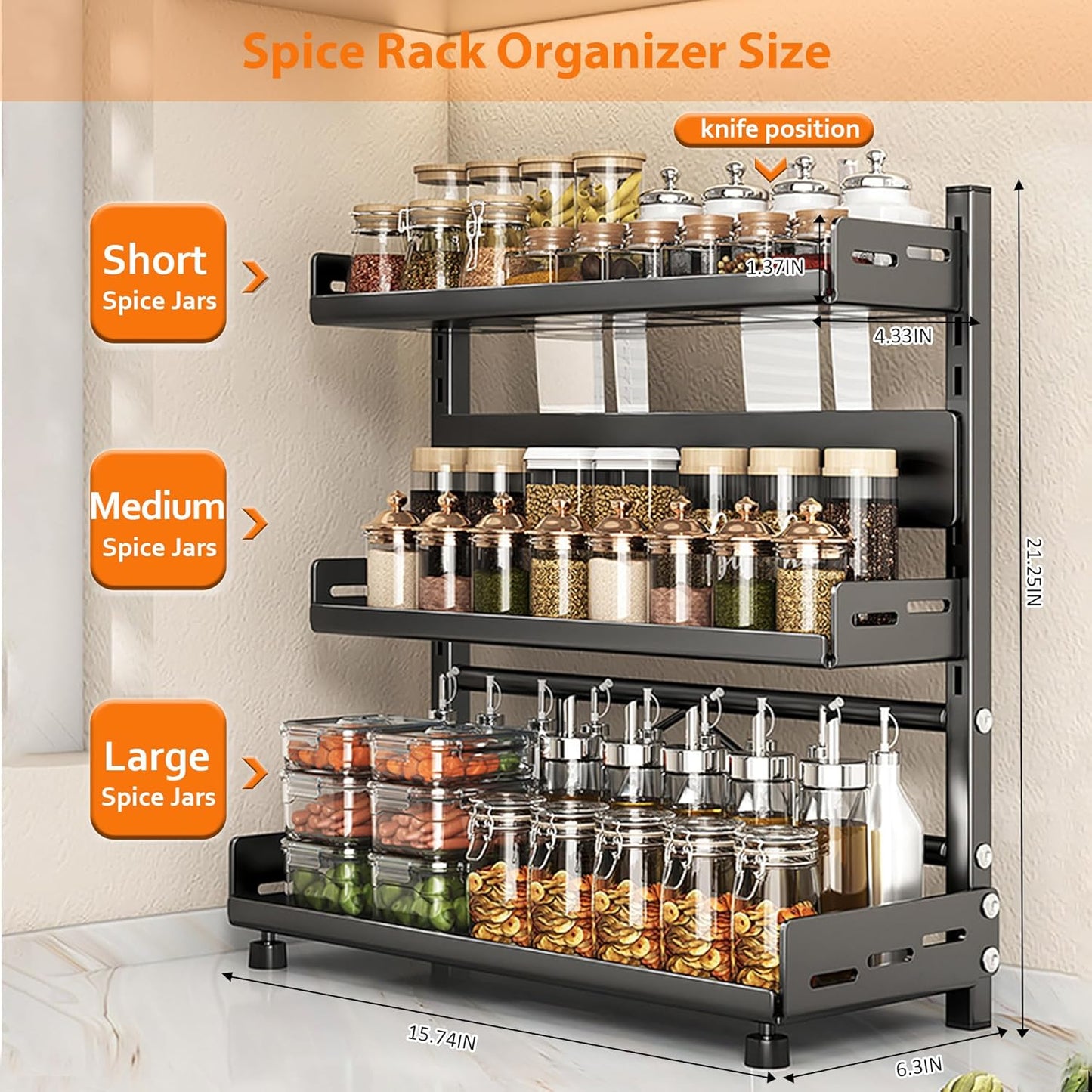 VORA Spice Organization for Cabinet, 2-Tier Metal Height-Adjustable Kitchen Countertop Spice Cabinet Organizers, Rust-Proof Kitchen Counter Shelf with Guardrail & Knife Block for Pantry
