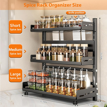 VORA Spice Organization for Cabinet, 2-Tier Metal Height-Adjustable Kitchen Countertop Spice Cabinet Organizers, Rust-Proof Kitchen Counter Shelf with Guardrail & Knife Block for Pantry