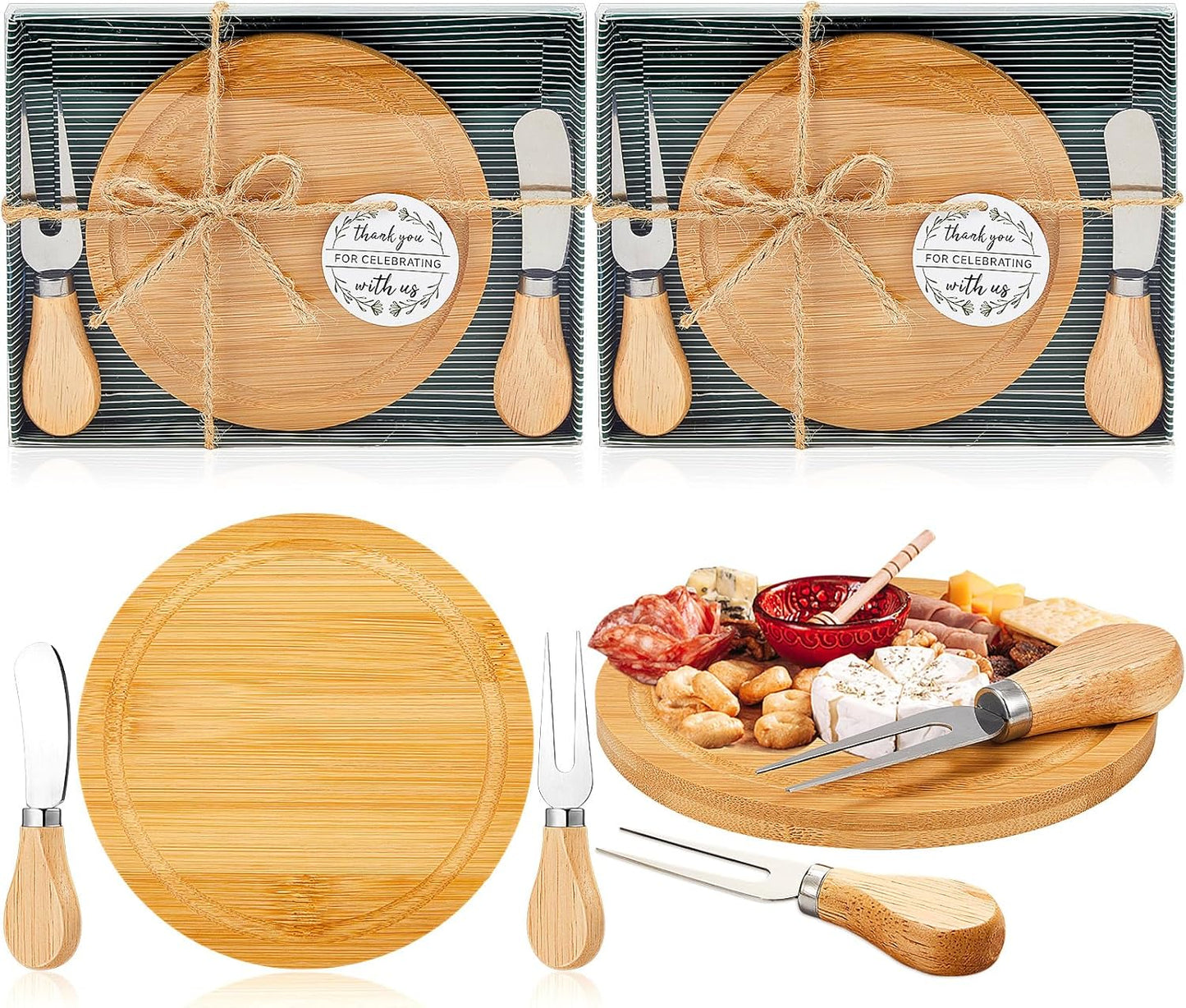 Maxcheck 18 Sets Baby Shower Bridal Game Prizes for Winners Round Cheese Board Set Wood Mini Charcuterie Board with Knives and Forks Thank You Card with Gift Box for Guests Wedding (Bamboo)