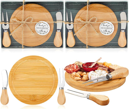 Maxcheck 18 Sets Baby Shower Bridal Game Prizes for Winners Round Cheese Board Set Wood Mini Charcuterie Board with Knives and Forks Thank You Card with Gift Box for Guests Wedding (Bamboo)