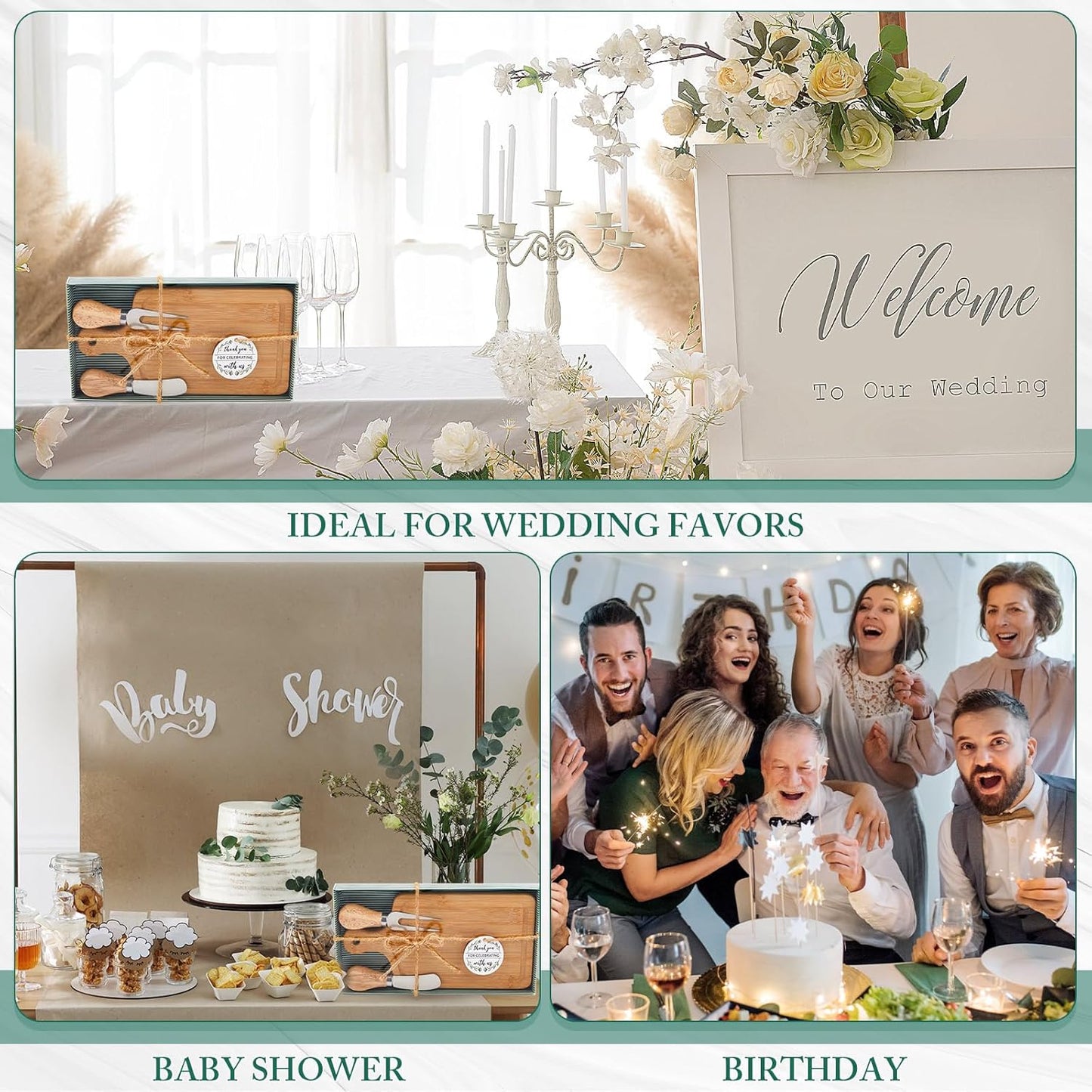 1 Set Bridal Baby Shower Cheese Prizes Wooden Square Board Gift Set Knives Forks Thank You Tags with Box for Guests for Valentines Bridal Baby Shower Housewarming Gifts (Acacia Color)