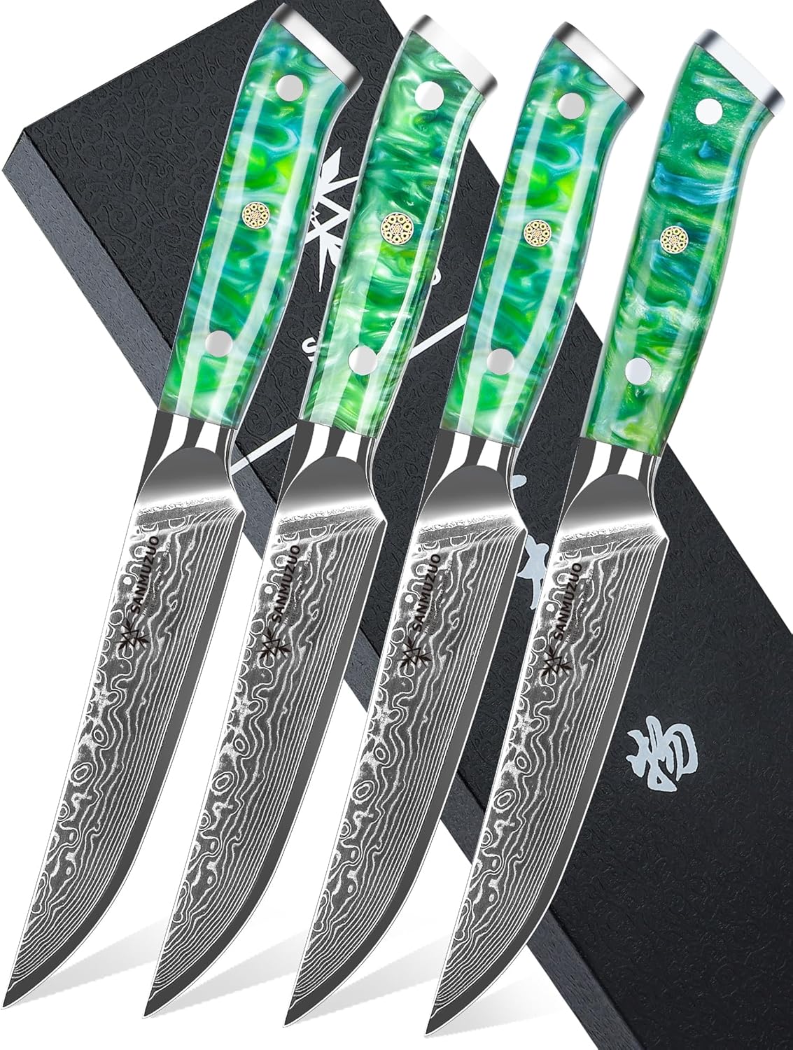 Steak Knives Set of 4, Ultra Sharp Non Serrated Kitchen Steak Knife 5 Inch - Damascus Steel & Resin Handle - Xuan Series (Sapphire Blue)