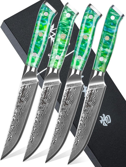 Steak Knives Set of 4, Ultra Sharp Non Serrated Kitchen Steak Knife 5 Inch - Damascus Steel & Resin Handle - Xuan Series (Sapphire Blue)
