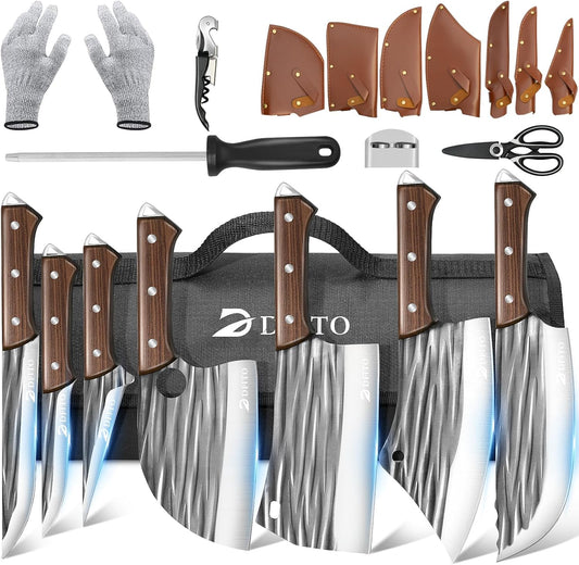 Dfito Butcher Knife Set with Roll Bag, 14 in 1 Professional Chef Knife Set, Hand Forged Bone Chopping Knives & Meat Cleaver Knife & Fillet Knives for Home & Camping & BBQ, Gifts for Men Women