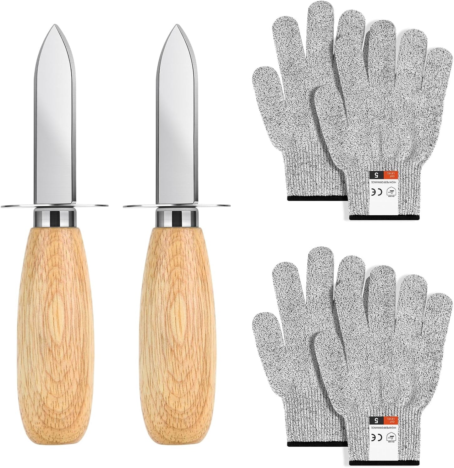 Oyster Shucking Knife Set, 2 Pack Stainless Steel Oyster Shucker Knife and 2 Pairs Level 5 Cut-Resistant Gloves, Seafood Shell Opener Kit for Oysters, Clams, Crabs,Seafood Boil Party Supplies