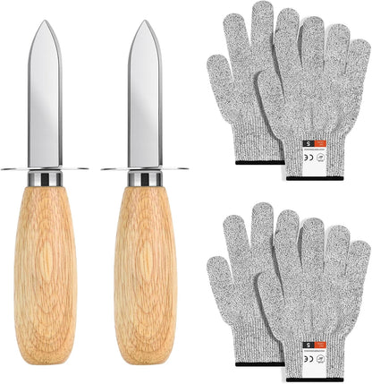 Oyster Shucking Knife Set, 2 Pack Stainless Steel Oyster Shucker Knife and 2 Pairs Level 5 Cut-Resistant Gloves, Seafood Shell Opener Kit for Oysters, Clams, Crabs,Seafood Boil Party Supplies