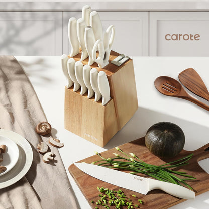 CAROTE 11 Pieces Knife Set with Block for kitchen, Stainless Steel Razor-Sharp Blade, Triple Riveted Ergonomic Handle, Wooden Magnetic Block, Essential Knife Block Set, Beige