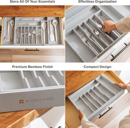 KitchenEdge Premium Silverware, Flatware and Utensil Organizer for Kitchen Drawers, Food-Safe Contract Grade, Expandable from 18 to 33 In, Natural Bamboo
