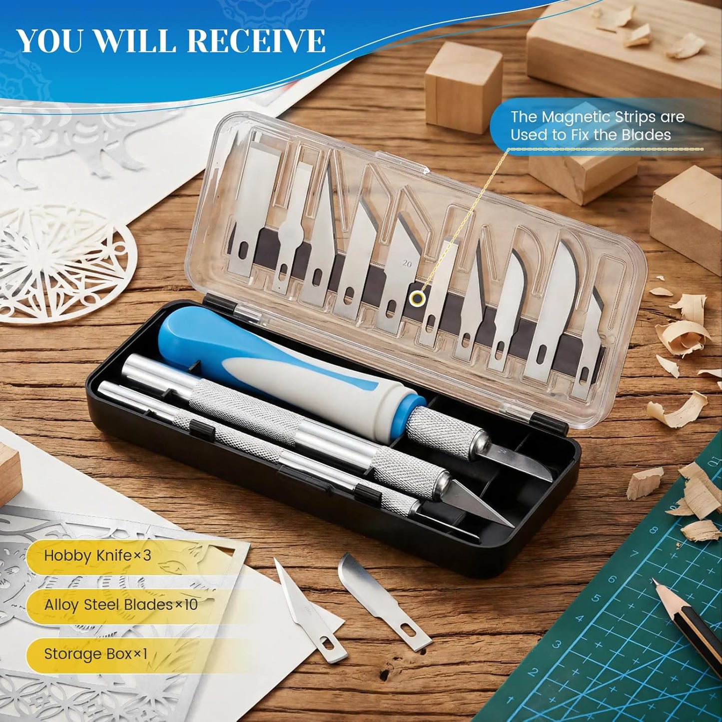 16 PCS Exacto Knife Set, 3 Craft Knife and 13 SK5 Steel Blades & Magnetic Storage Case, Exacto Knife for Crafting, DIY, Scrapbooking, Wood Carving, Art Projects, 3D Printing & Junk Journal Supplies