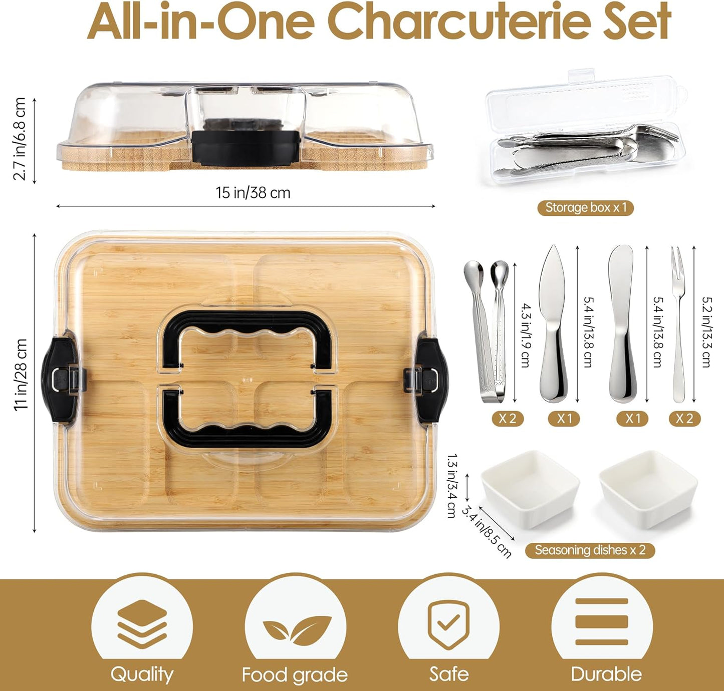 Kochorie 10 Pieces Portable Bamboo Cheese Board Set Charcuterie Board with Lid and Handle, Knife Set Meat Fruit Serving Tray Platter for Travel Picnic Kitchen House Warming Gifts (Round)