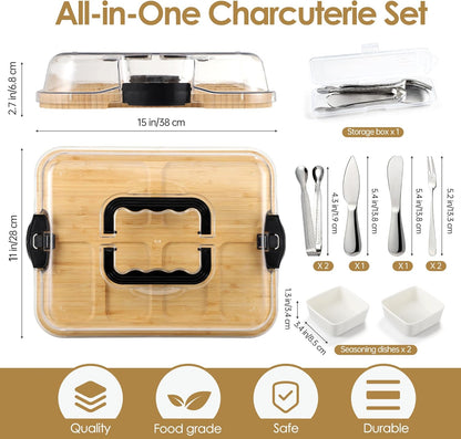 Kochorie 10 Pieces Portable Bamboo Cheese Board Set Charcuterie Board with Lid and Handle, Knife Set Meat Fruit Serving Tray Platter for Travel Picnic Kitchen House Warming Gifts (Round)
